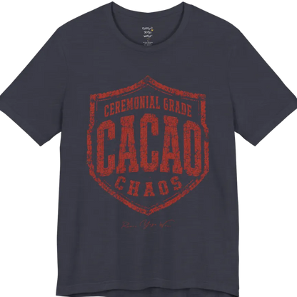Bold shield badge reading "Ceremonial Grade Cacao Chaos" — Funny Yoga Shirts collection by Ramro Yoga Wear in Heather Midnight Navy