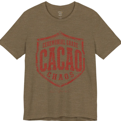 Bold shield badge reading "Ceremonial Grade Cacao Chaos" — Funny Yoga Shirts collection by Ramro Yoga Wear in Heather Olive
