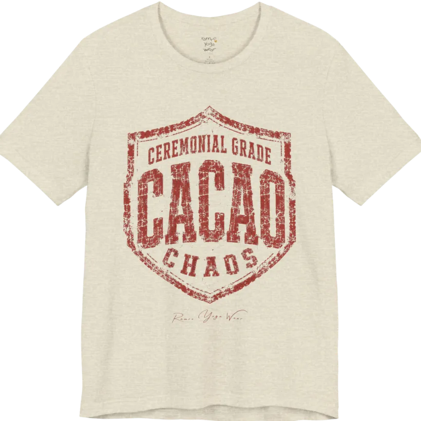 Bold shield badge reading "Ceremonial Grade Cacao Chaos" — Funny Yoga Shirts collection by Ramro Yoga Wear in Heather Prism Natural