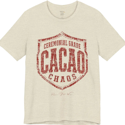 Bold shield badge reading "Ceremonial Grade Cacao Chaos" — Funny Yoga Shirts collection by Ramro Yoga Wear in Heather Prism Natural