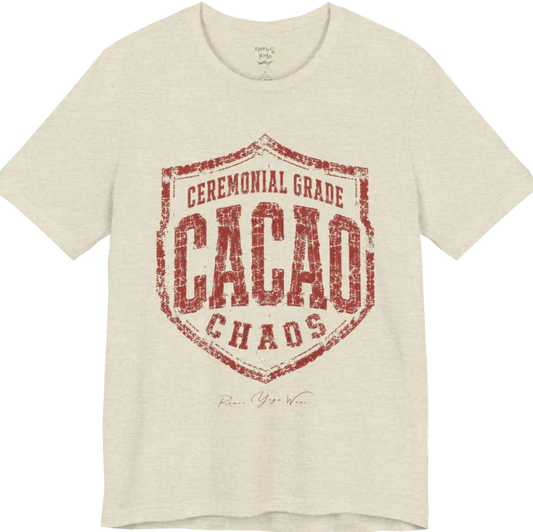 Bold shield badge reading "Ceremonial Grade Cacao Chaos" — Funny Yoga Shirts collection by Ramro Yoga Wear in Heather Prism Natural