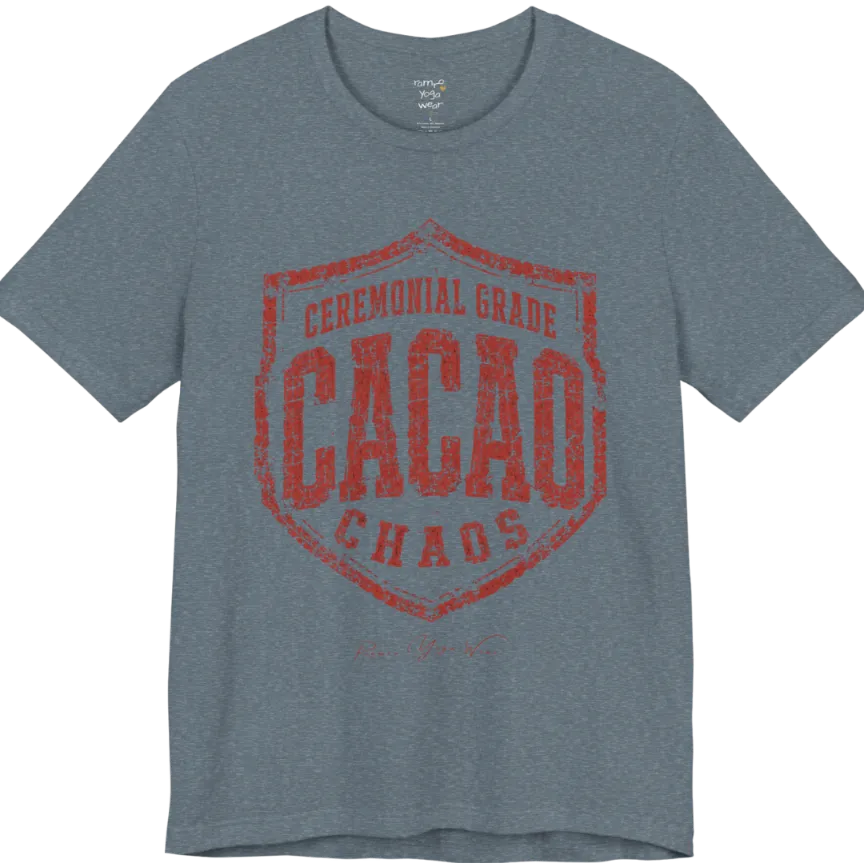 Bold shield badge reading "Ceremonial Grade Cacao Chaos" — Funny Yoga Shirts collection by Ramro Yoga Wear in Heather Slate