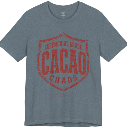 Bold shield badge reading "Ceremonial Grade Cacao Chaos" — Funny Yoga Shirts collection by Ramro Yoga Wear in Heather Slate