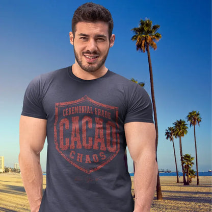 Person wearing Cacao tee in Heather Midnight Navy, a sacred yoga shirt, at the beach with palm trees — Funny Yoga Shirts collection by Ramro Yoga Wear