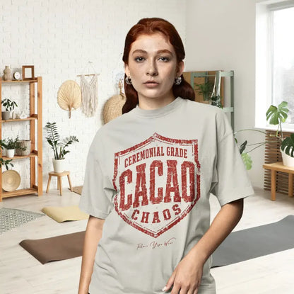 Person wearing Cacao tee in Heather Prism Natural, a sacred yoga shirt, at the yoga studio — Funny Yoga Shirts collection by Ramro Yoga Wear