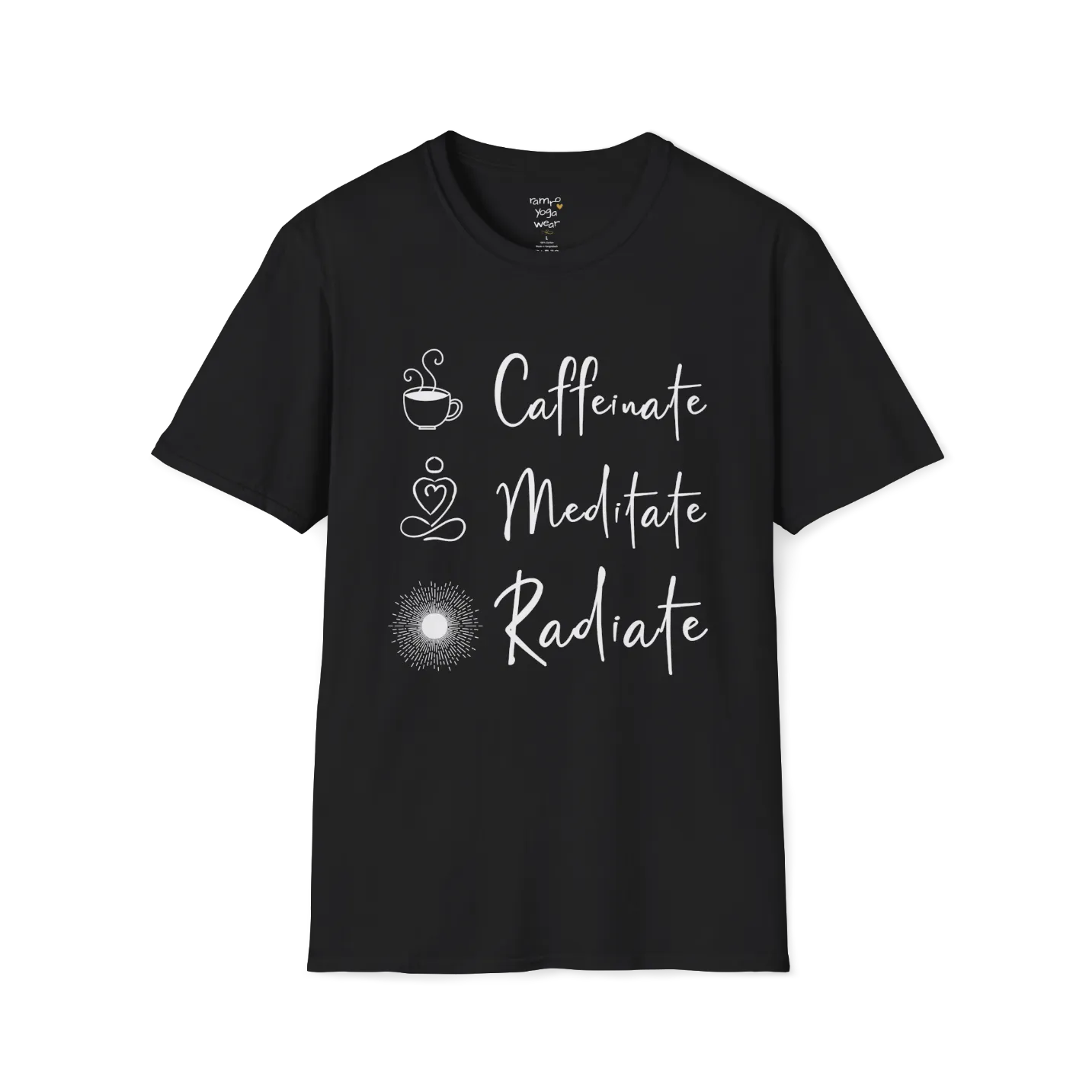 "Caffeinate. Meditate. Radiate." vertical text design with coffee, meditation, and sun icons — The Vault collection by Ramro Yoga Wear — Black