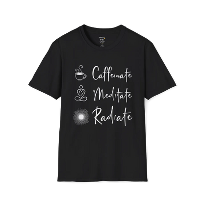 "Caffeinate. Meditate. Radiate." vertical text design with coffee, meditation, and sun icons — The Vault collection by Ramro Yoga Wear — Black