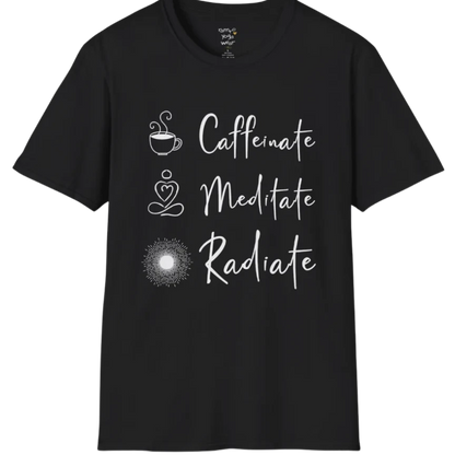 "Caffeinate. Meditate. Radiate." vertical text design with coffee, meditation, and sun icons — The Vault collection by Ramro Yoga Wear — Black
