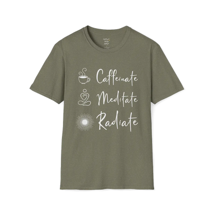 "Caffeinate. Meditate. Radiate." vertical text design with coffee, meditation, and sun icons — The Vault collection by Ramro Yoga Wear — Heather Military Green