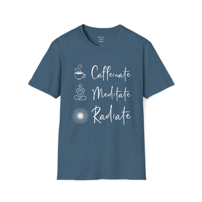 "Caffeinate. Meditate. Radiate." vertical text design with coffee, meditation, and sun icons — The Vault collection by Ramro Yoga Wear — Indigo Blue
