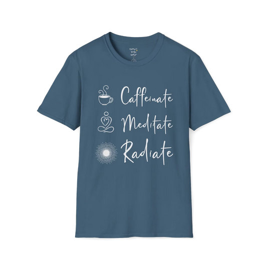 "Caffeinate. Meditate. Radiate." vertical text design with coffee, meditation, and sun icons — The Vault collection by Ramro Yoga Wear — Indigo Blue