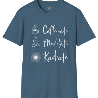 "Caffeinate. Meditate. Radiate." vertical text design with coffee, meditation, and sun icons — The Vault collection by Ramro Yoga Wear — Indigo Blue
