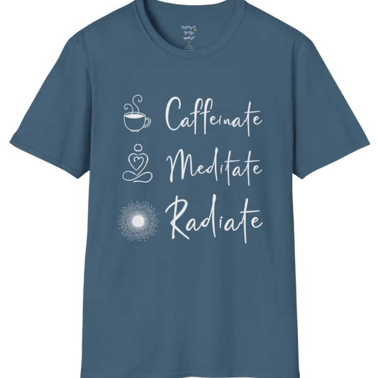"Caffeinate. Meditate. Radiate." vertical text design with coffee, meditation, and sun icons — The Vault collection by Ramro Yoga Wear — Indigo Blue