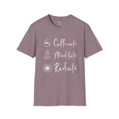 "Caffeinate. Meditate. Radiate." vertical text design with coffee, meditation, and sun icons — The Vault collection by Ramro Yoga Wear — Paragon
