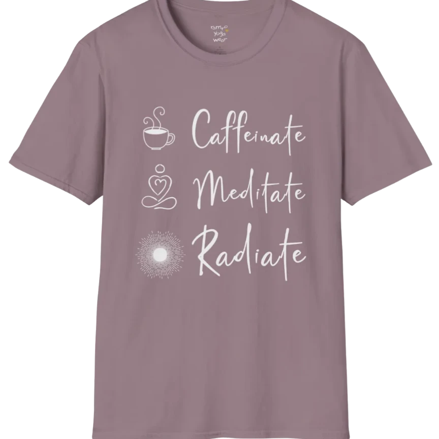 "Caffeinate. Meditate. Radiate." vertical text design with coffee, meditation, and sun icons — The Vault collection by Ramro Yoga Wear — Paragon