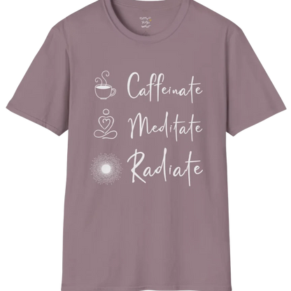 "Caffeinate. Meditate. Radiate." vertical text design with coffee, meditation, and sun icons — The Vault collection by Ramro Yoga Wear — Paragon