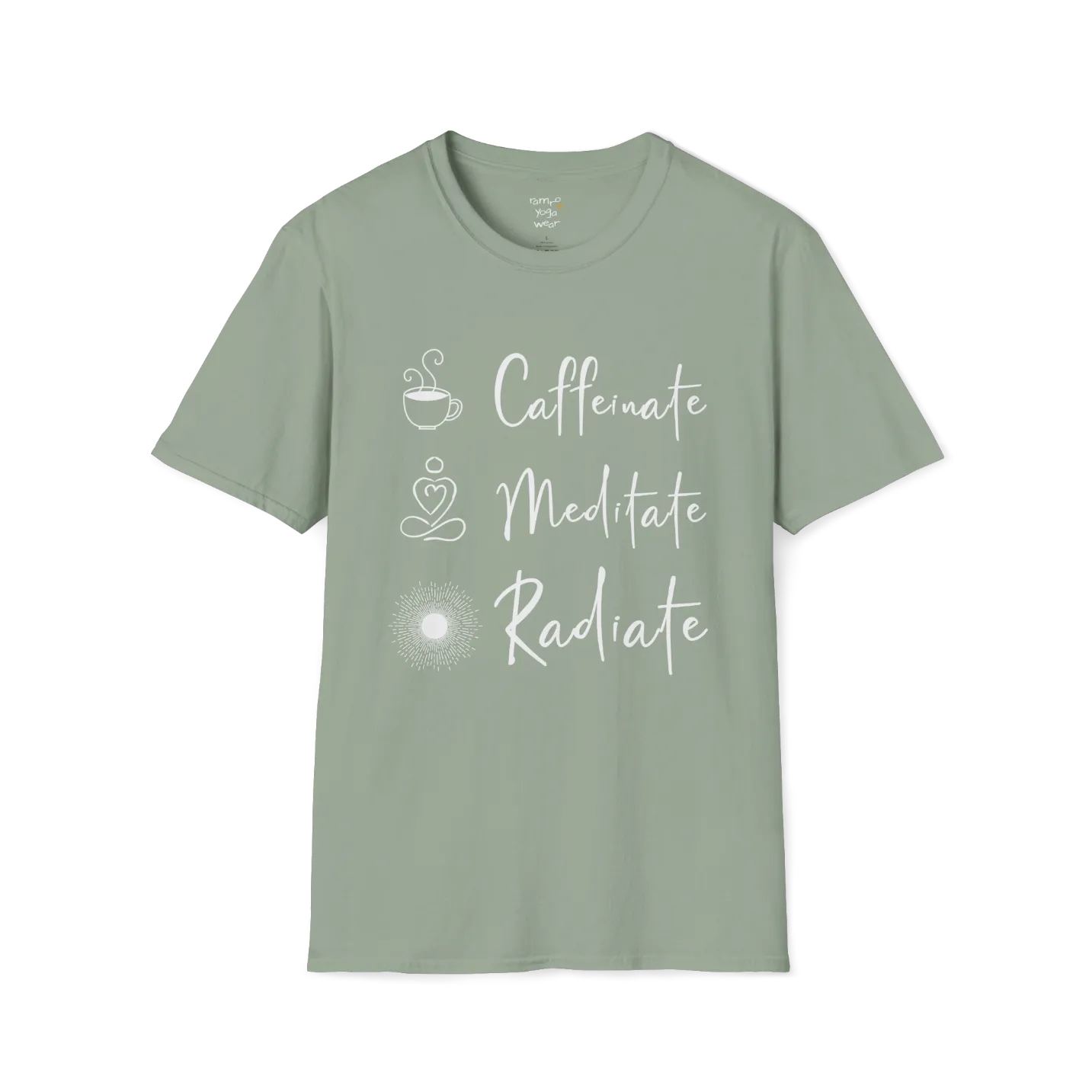 "Caffeinate. Meditate. Radiate." vertical text design with coffee, meditation, and sun icons — The Vault collection by Ramro Yoga Wear — Sage