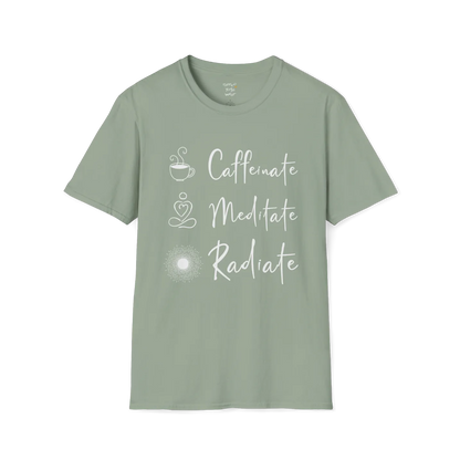 "Caffeinate. Meditate. Radiate." vertical text design with coffee, meditation, and sun icons — The Vault collection by Ramro Yoga Wear — Sage