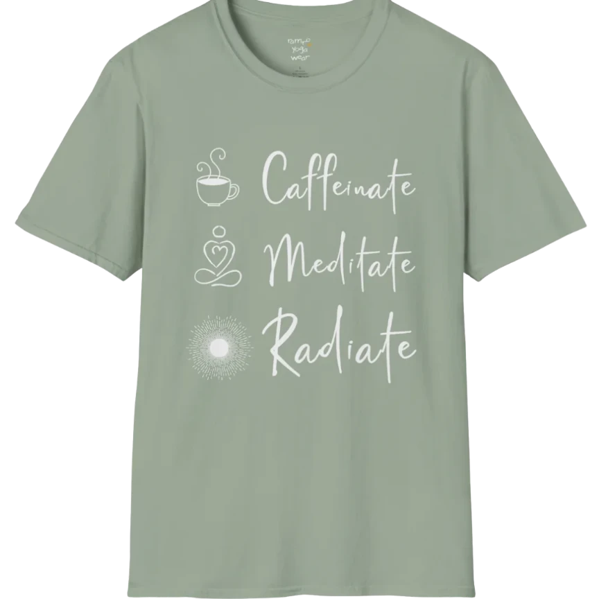 "Caffeinate. Meditate. Radiate." vertical text design with coffee, meditation, and sun icons — The Vault collection by Ramro Yoga Wear — Sage