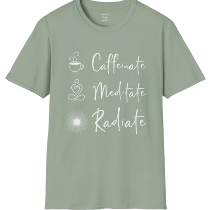 "Caffeinate. Meditate. Radiate." vertical text design with coffee, meditation, and sun icons — The Vault collection by Ramro Yoga Wear — Sage