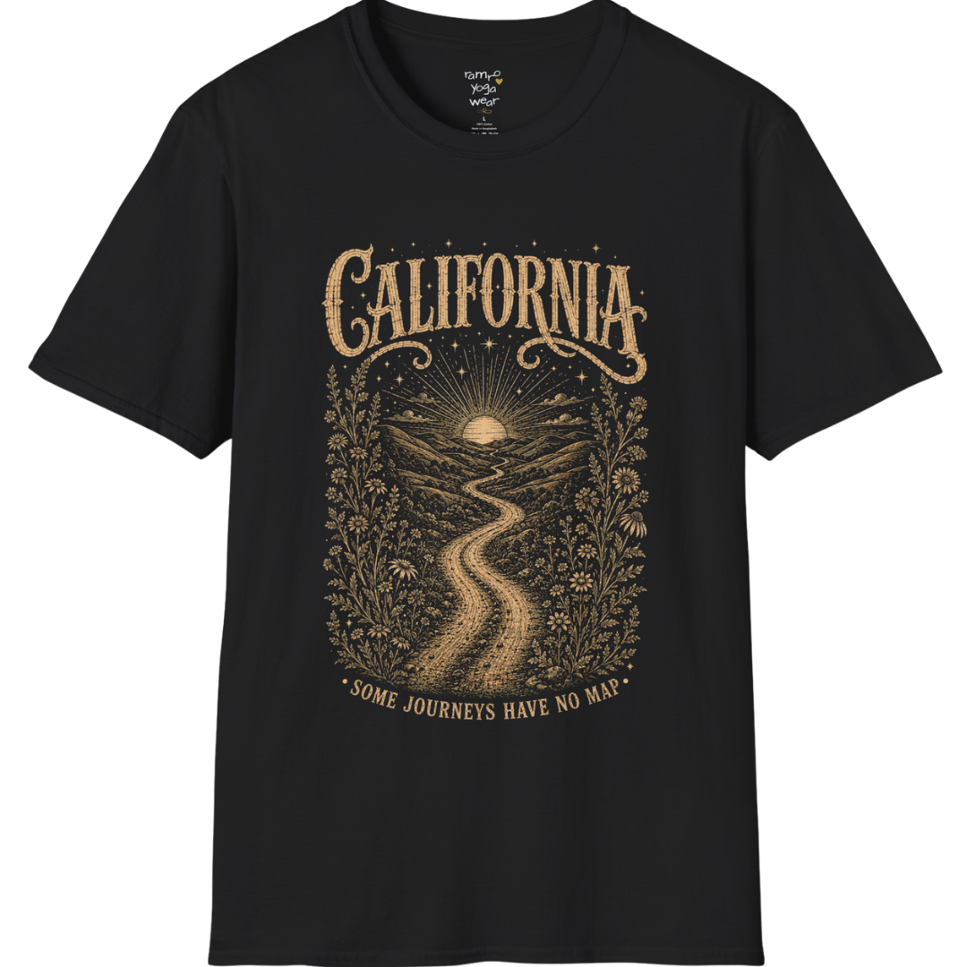 Short sleeved Tee with the design being a lone road winding through hills at dusk — Sacred Thread collection by Ramro Yoga Wear in Black