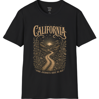 Short sleeved Tee with the design being a lone road winding through hills at dusk — Sacred Thread collection by Ramro Yoga Wear in Black