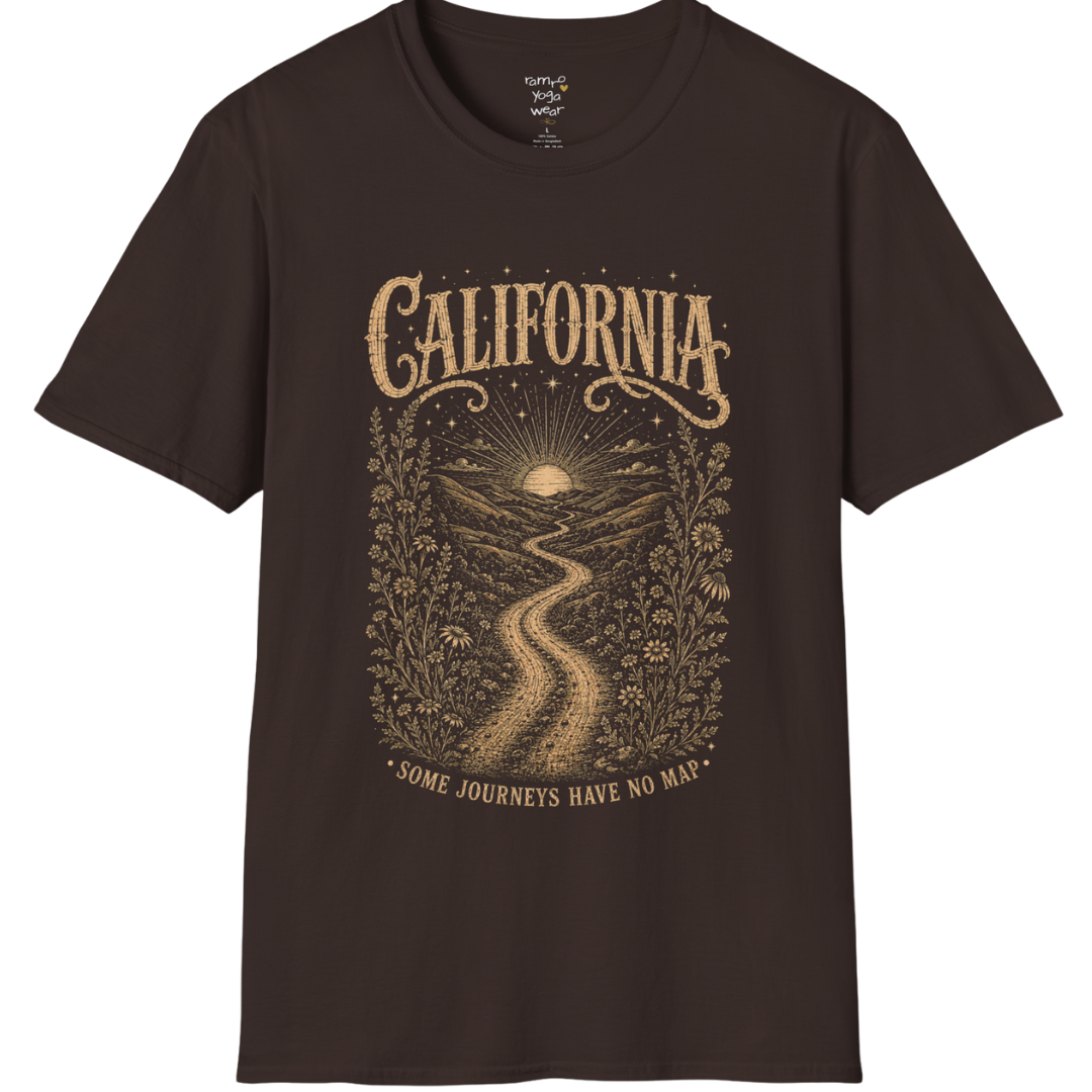 Short sleeved Tee with the design being a lone road winding through hills at dusk — Sacred Thread collection by Ramro Yoga Wear in Dark Chocolate