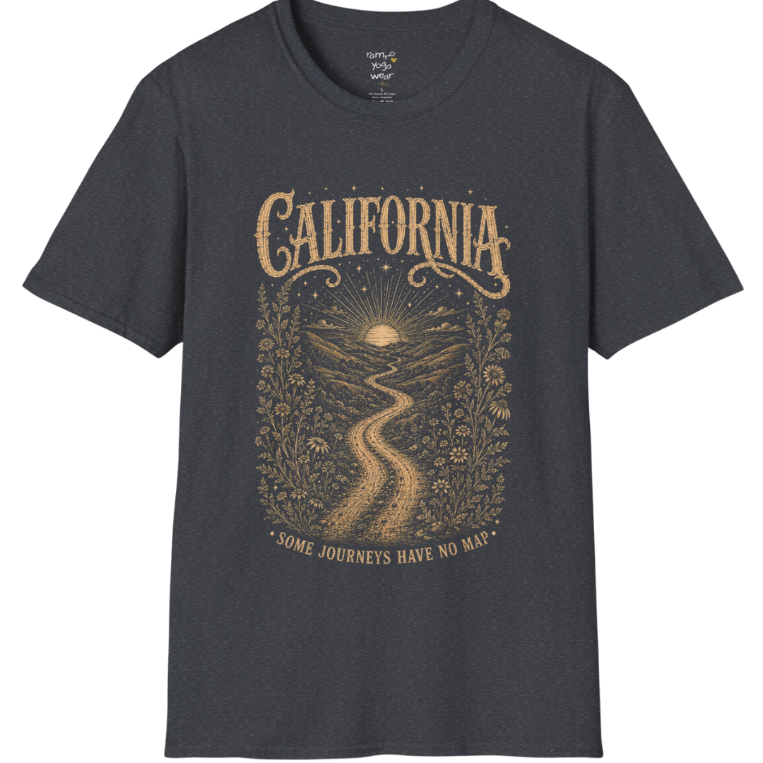 Short sleeved Tee with the design being a lone road winding through hills at dusk — Sacred Thread collection by Ramro Yoga Wear in Dark Heather Grey