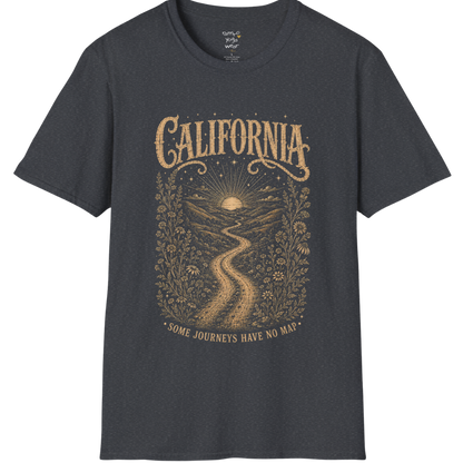 Short sleeved Tee with the design being a lone road winding through hills at dusk — Sacred Thread collection by Ramro Yoga Wear in Dark Heather Grey