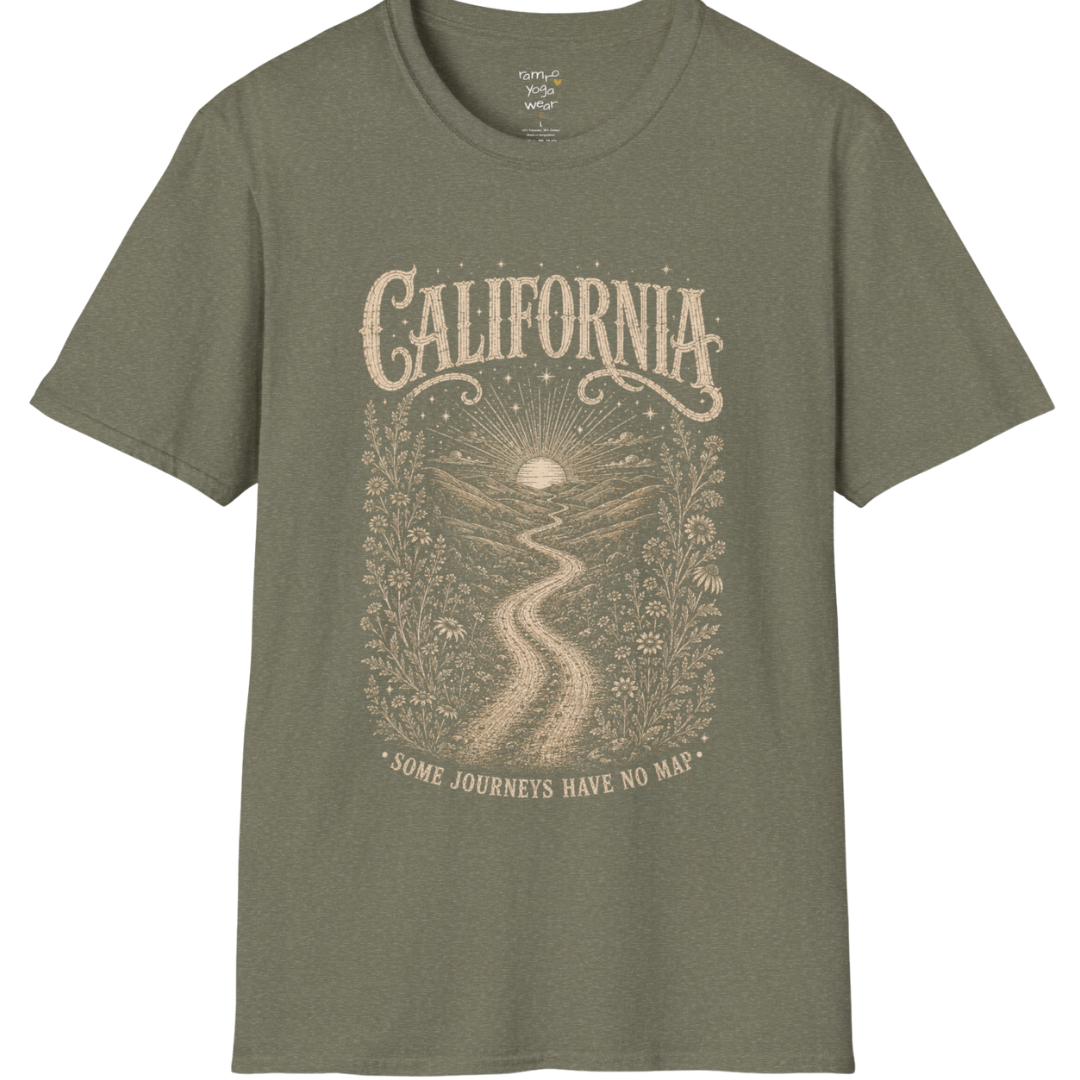 Short sleeved Tee with the design being a lone road winding through hills at dusk — Sacred Thread collection by Ramro Yoga Wear in Heather Military Green