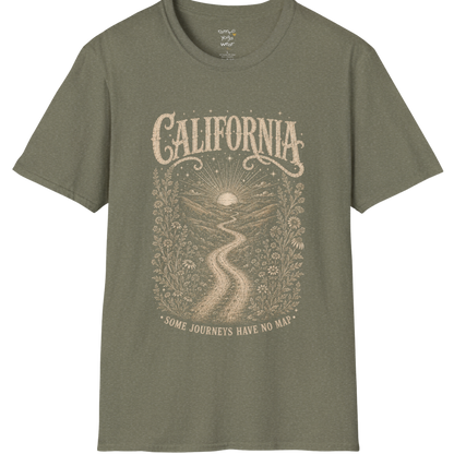 Short sleeved Tee with the design being a lone road winding through hills at dusk — Sacred Thread collection by Ramro Yoga Wear in Heather Military Green