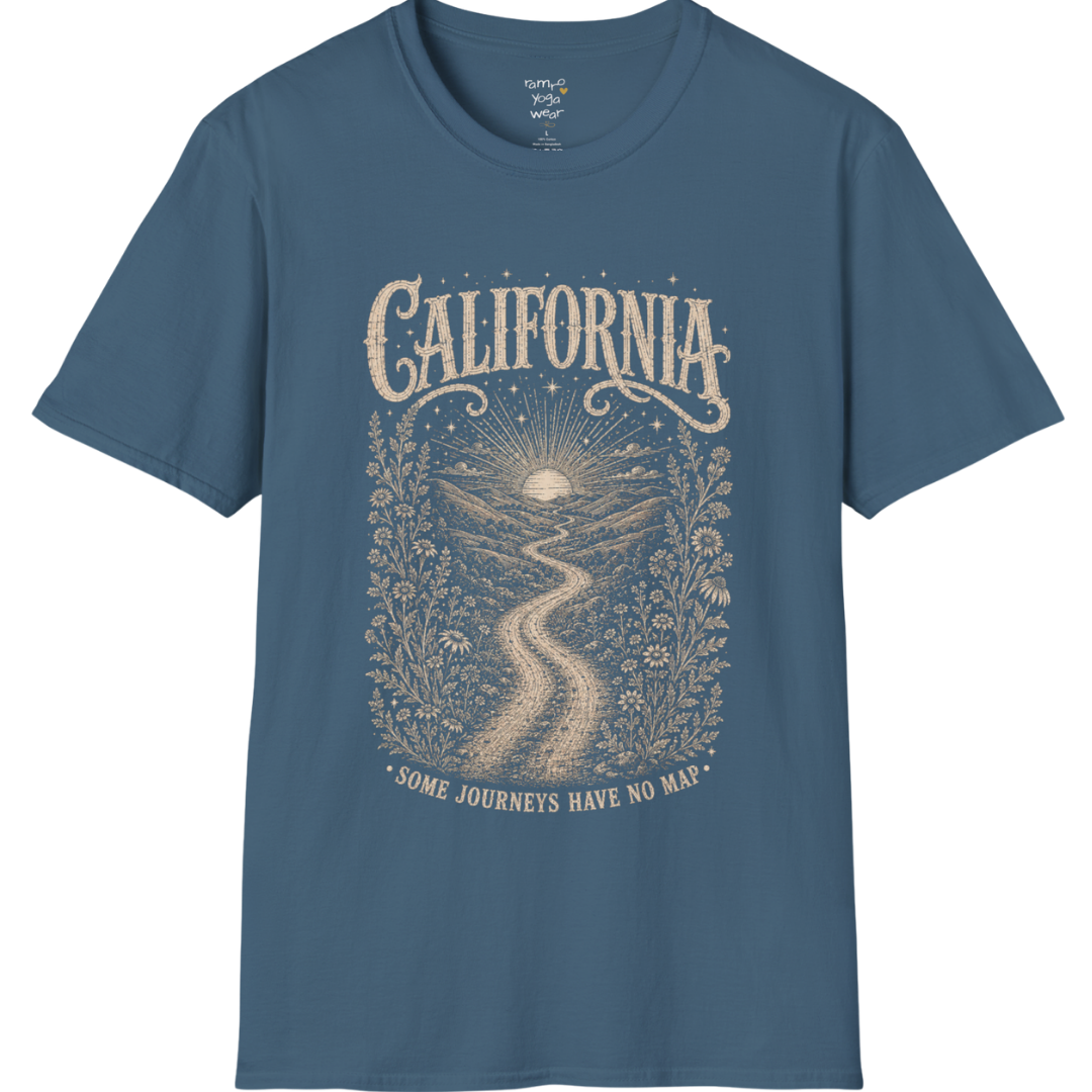 Short sleeved Tee with the design being a lone road winding through hills at dusk — Sacred Thread collection by Ramro Yoga Wear in Indigo Blue