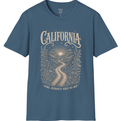 Short sleeved Tee with the design being a lone road winding through hills at dusk — Sacred Thread collection by Ramro Yoga Wear in Indigo Blue
