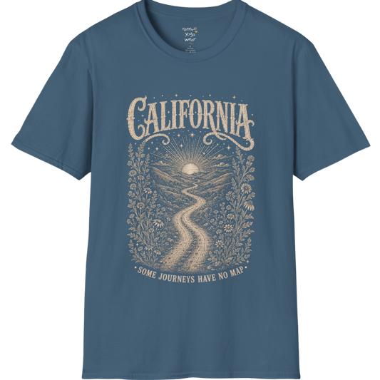 Short sleeved Tee with the design being a lone road winding through hills at dusk — Sacred Thread collection by Ramro Yoga Wear in Indigo Blue