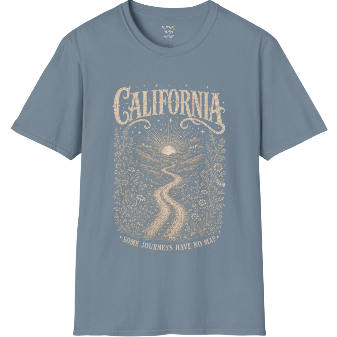 Short sleeved Tee with the design being a lone road winding through hills at dusk — Sacred Thread collection by Ramro Yoga Wear in Stone Blue