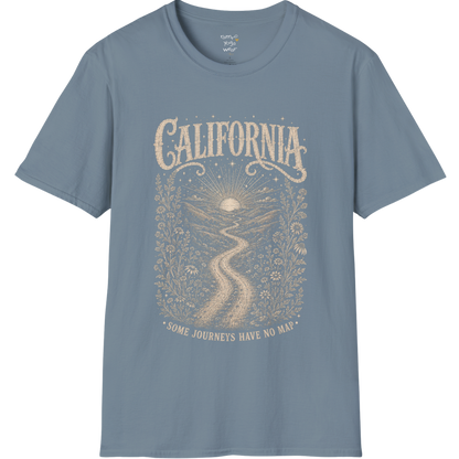 Short sleeved Tee with the design being a lone road winding through hills at dusk — Sacred Thread collection by Ramro Yoga Wear in Stone Blue