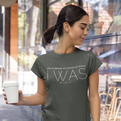 Woman wearing Called Military Green yoga teacher gift tee holding coffee outside a café — Yoga Teacher Gifts collection by Ramro Yoga Wear