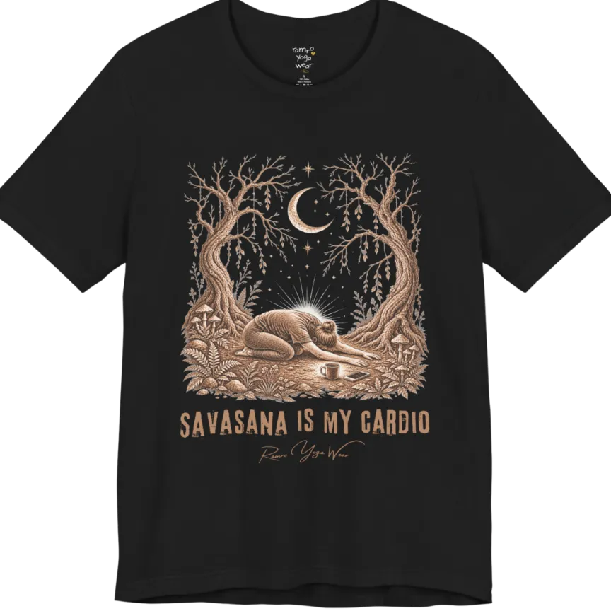 A short sleeved grunge tee with an illustrated figure collapsed in child's pose beneath gnarled trees and a crescent moon, coffee cup and phone nearby, text reading "Savasana Is My Cardio" — Funny Yoga Shirts collection by Ramro Yoga Wear in Black.