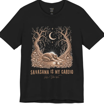 A short sleeved grunge tee with an illustrated figure collapsed in child's pose beneath gnarled trees and a crescent moon, coffee cup and phone nearby, text reading "Savasana Is My Cardio" — Funny Yoga Shirts collection by Ramro Yoga Wear in Black.