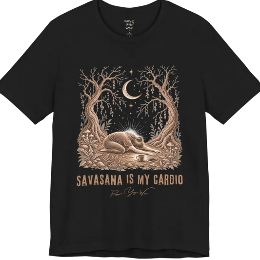 A short sleeved grunge tee with an illustrated figure collapsed in child's pose beneath gnarled trees and a crescent moon, coffee cup and phone nearby, text reading "Savasana Is My Cardio" — Funny Yoga Shirts collection by Ramro Yoga Wear in Black.