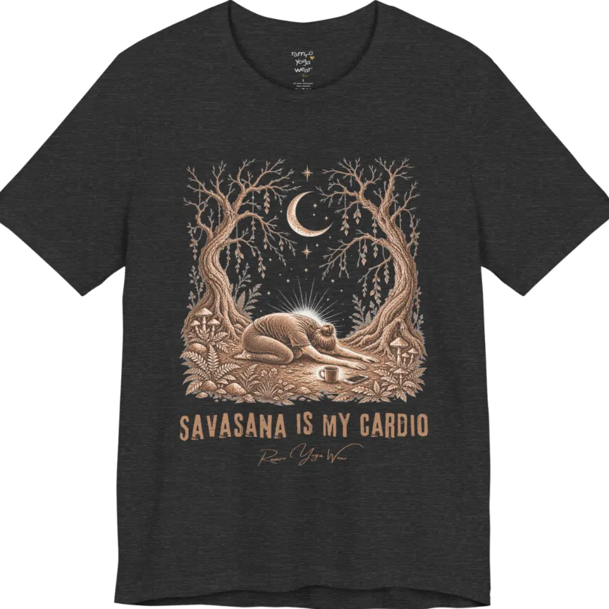 A short sleeved grunge tee with an illustrated figure collapsed in child's pose beneath gnarled trees and a crescent moon, coffee cup and phone nearby, text reading "Savasana Is My Cardio" — Funny Yoga Shirts collection by Ramro Yoga Wear in Dark Grey Heather.