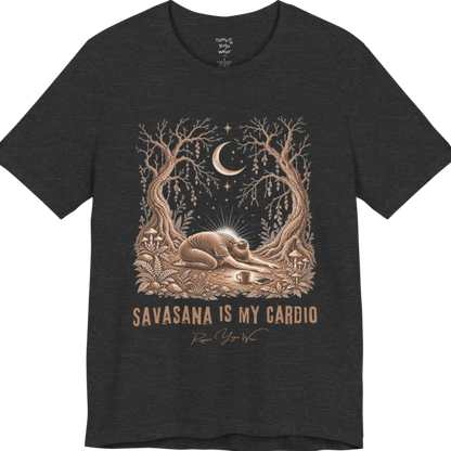 A short sleeved grunge tee with an illustrated figure collapsed in child's pose beneath gnarled trees and a crescent moon, coffee cup and phone nearby, text reading "Savasana Is My Cardio" — Funny Yoga Shirts collection by Ramro Yoga Wear in Dark Grey Heather.