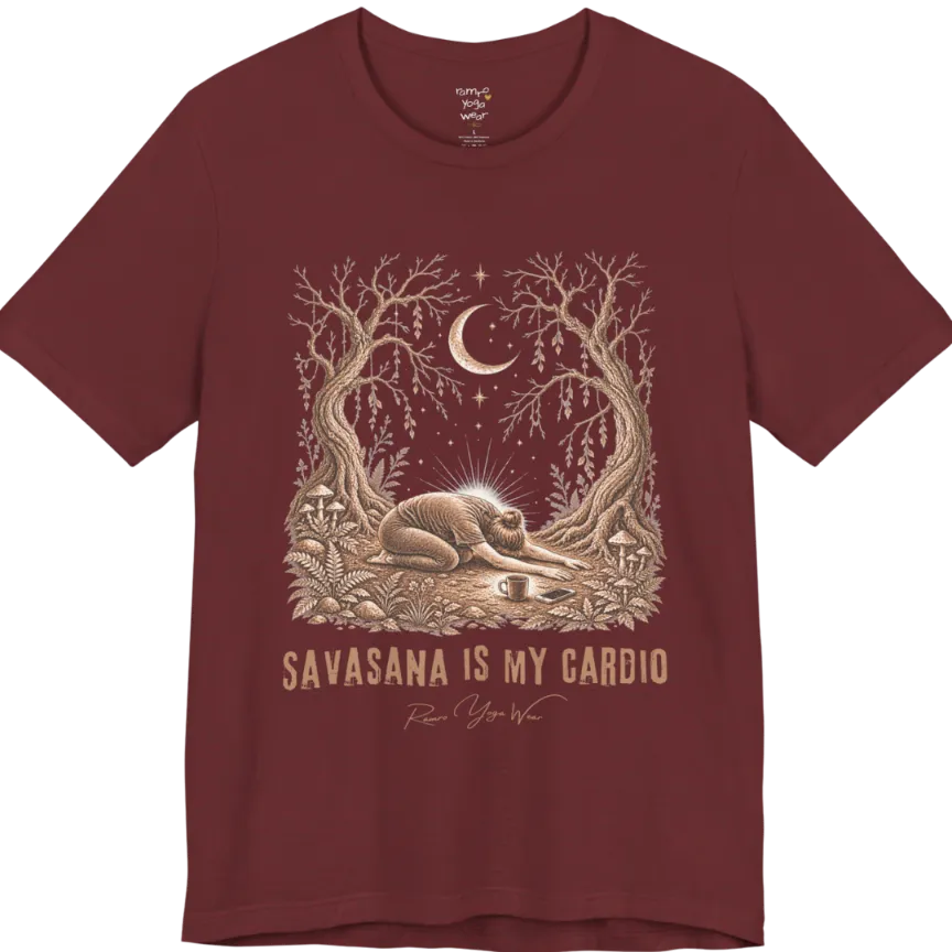 A short sleeved grunge tee with an illustrated figure collapsed in child's pose beneath gnarled trees and a crescent moon, coffee cup and phone nearby, text reading "Savasana Is My Cardio" — Funny Yoga Shirts collection by Ramro Yoga Wear in Heather Cardinal.