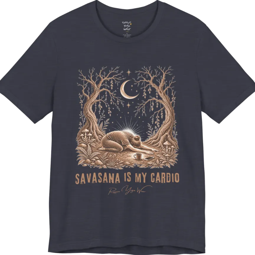 A short sleeved grunge tee with an illustrated figure collapsed in child's pose beneath gnarled trees and a crescent moon, coffee cup and phone nearby, text reading "Savasana Is My Cardio" — Funny Yoga Shirts collection by Ramro Yoga Wear in Heather Midnight Navy.