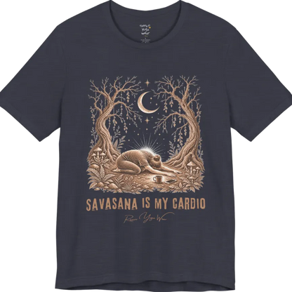A short sleeved grunge tee with an illustrated figure collapsed in child's pose beneath gnarled trees and a crescent moon, coffee cup and phone nearby, text reading "Savasana Is My Cardio" — Funny Yoga Shirts collection by Ramro Yoga Wear in Heather Midnight Navy.