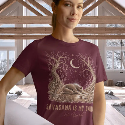 Person wearing the Cardio T-Shirt in Heather Cardinal, standing indoors in a bright room with wooden beams ready for the Yoga Class  — Funny Yoga Shirts collection by Ramro Yoga Wear.