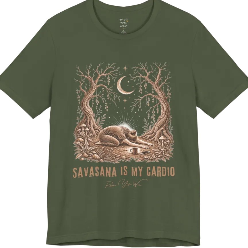 A short sleeved grunge tee with an illustrated figure collapsed in child's pose beneath gnarled trees and a crescent moon, coffee cup and phone nearby, text reading "Savasana Is My Cardio" — Funny Yoga Shirts collection by Ramro Yoga Wear in Military Green.