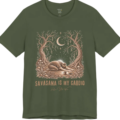 A short sleeved grunge tee with an illustrated figure collapsed in child's pose beneath gnarled trees and a crescent moon, coffee cup and phone nearby, text reading "Savasana Is My Cardio" — Funny Yoga Shirts collection by Ramro Yoga Wear in Military Green.