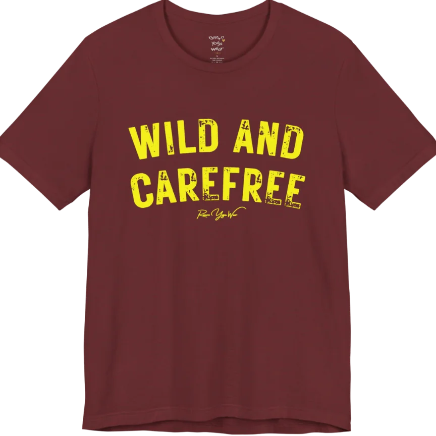 Bold typography reading "Wild And Carefree" — Funny Yoga Shirts collection by Ramro Yoga Wear in Heather Cardinal