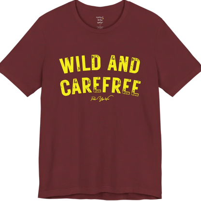 Bold typography reading "Wild And Carefree" — Funny Yoga Shirts collection by Ramro Yoga Wear in Heather Cardinal